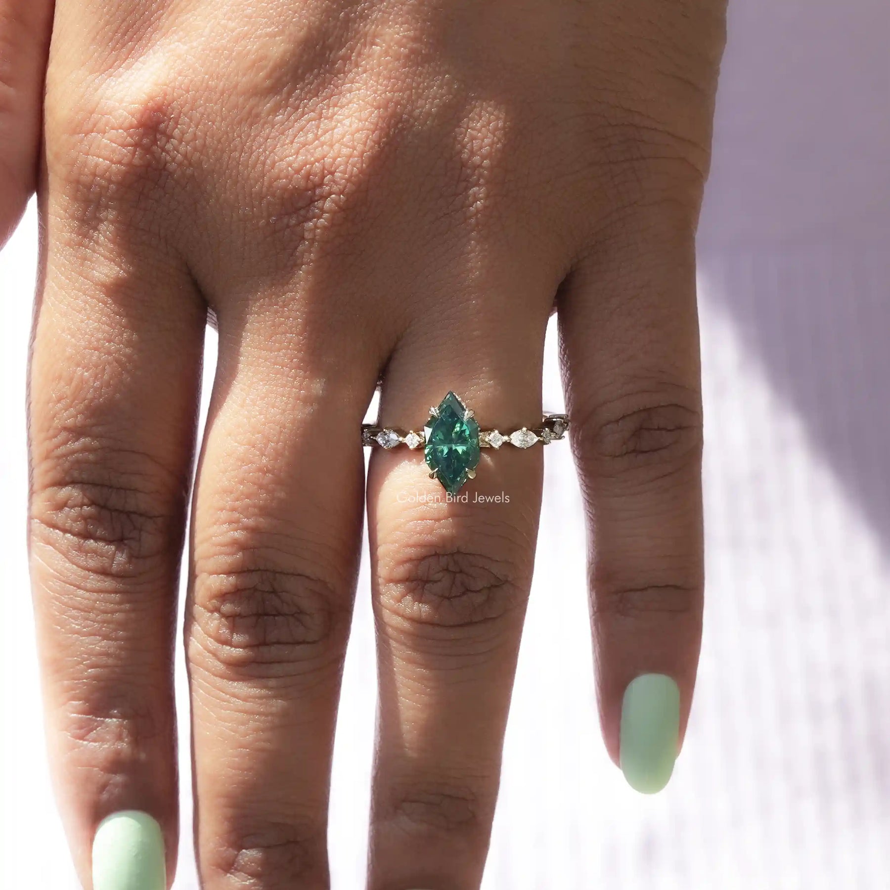 [Green Marquise And Round Cut Moissanite Ring]-[Golden Bird Jewels]