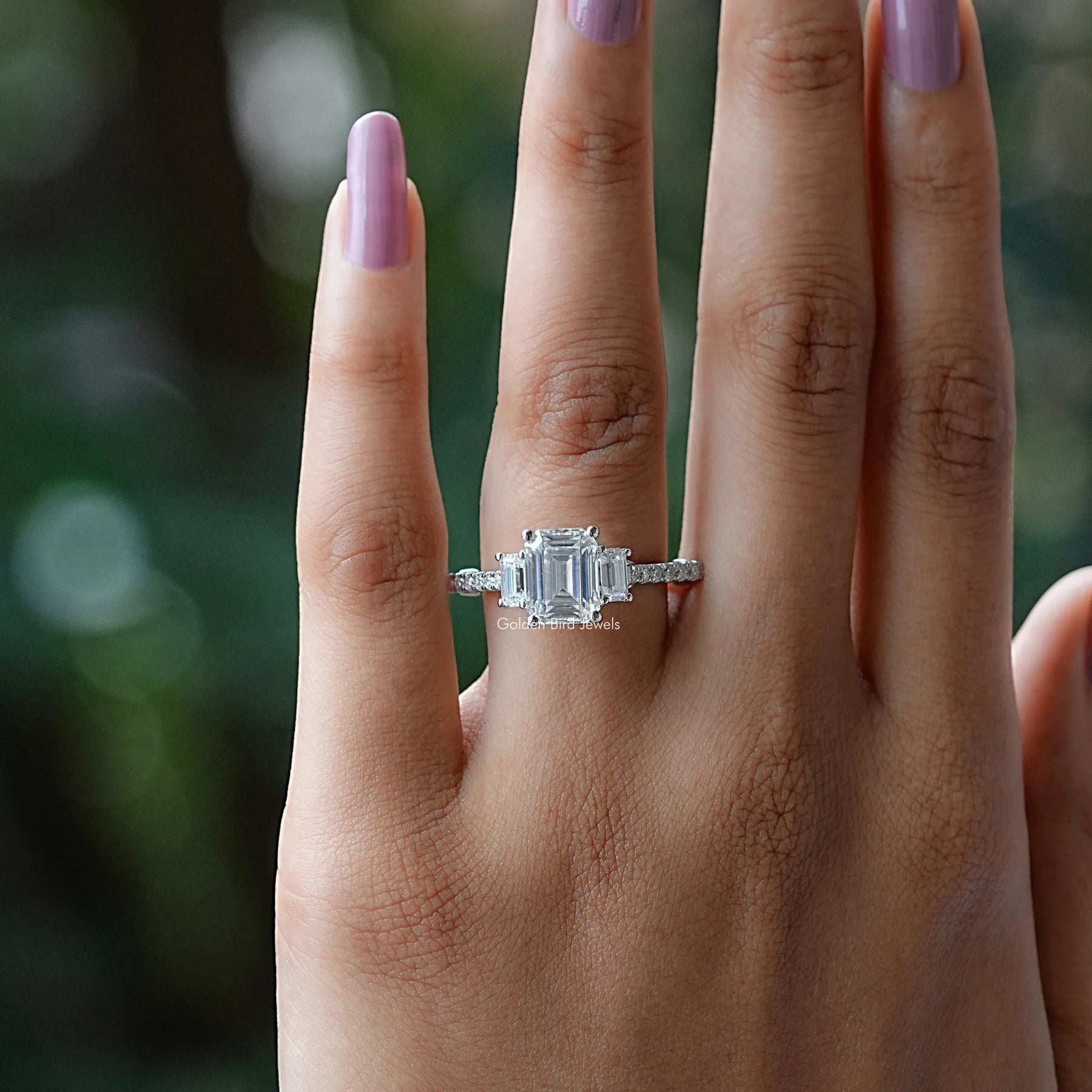 Emerald Cut Three Stone Moissanite Engagement Ring