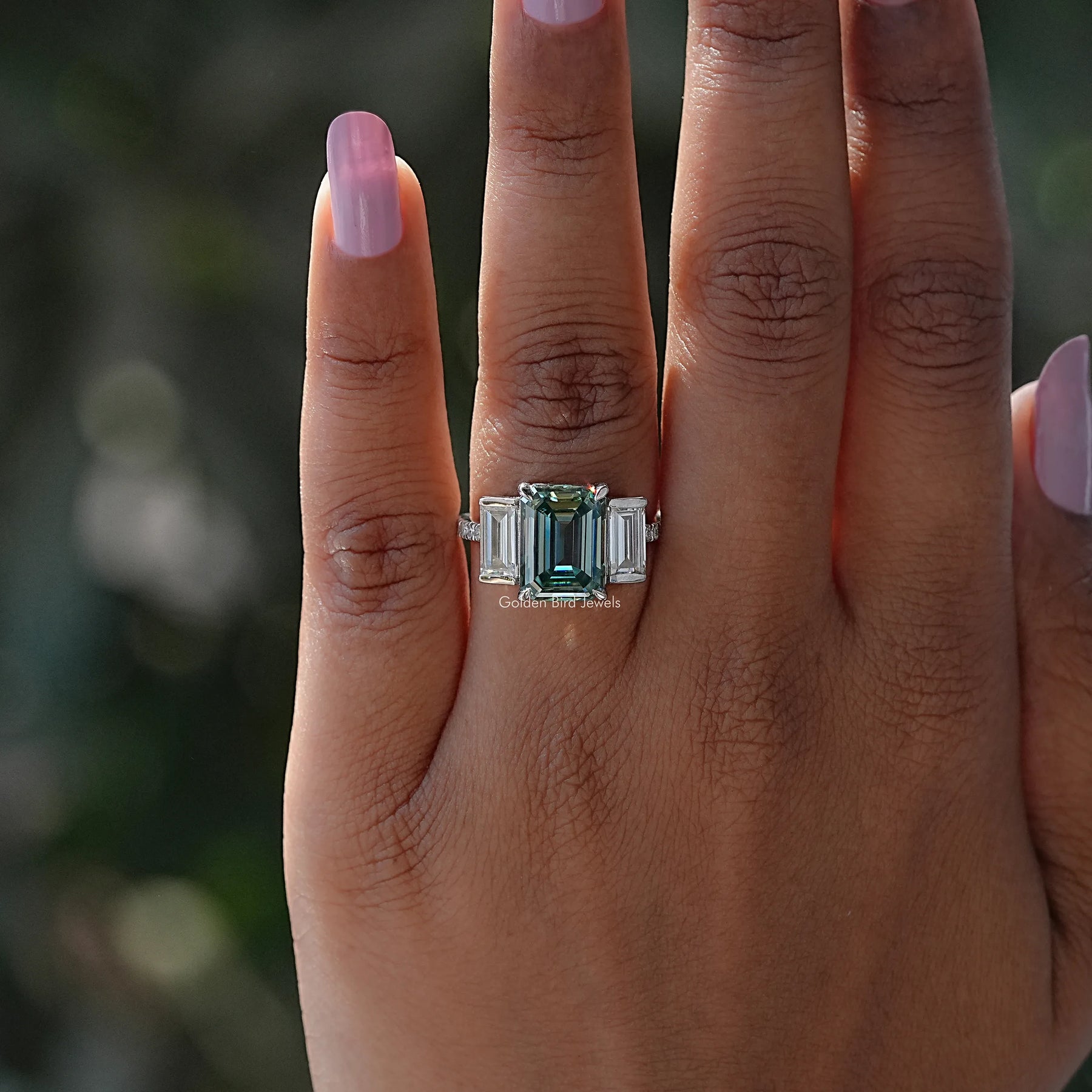 [Blue Green Emerald Cut 3 Stone Ring]-[Golden Bird Jewels]