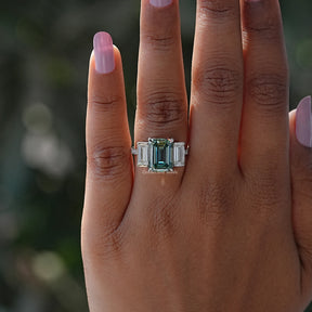 [Blue Green Emerald Cut 3 Stone Ring]-[Golden Bird Jewels]