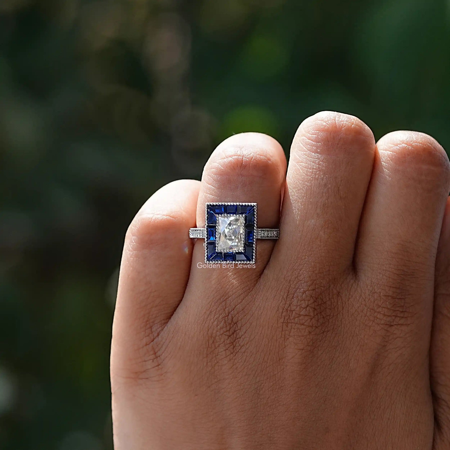 [Moissanite Radiant Cut Halo Ring With Round And Baguette Cut Stones]-[Golden Bird Jewels]