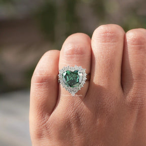 [Dark Green Heart Shaped Moissaite Engagement Ring]-[Golden Bird Jewels]