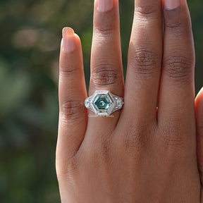 Detailed View Of Blue Green Hexagon Cut Moissanite Engagement Ring In White Gold