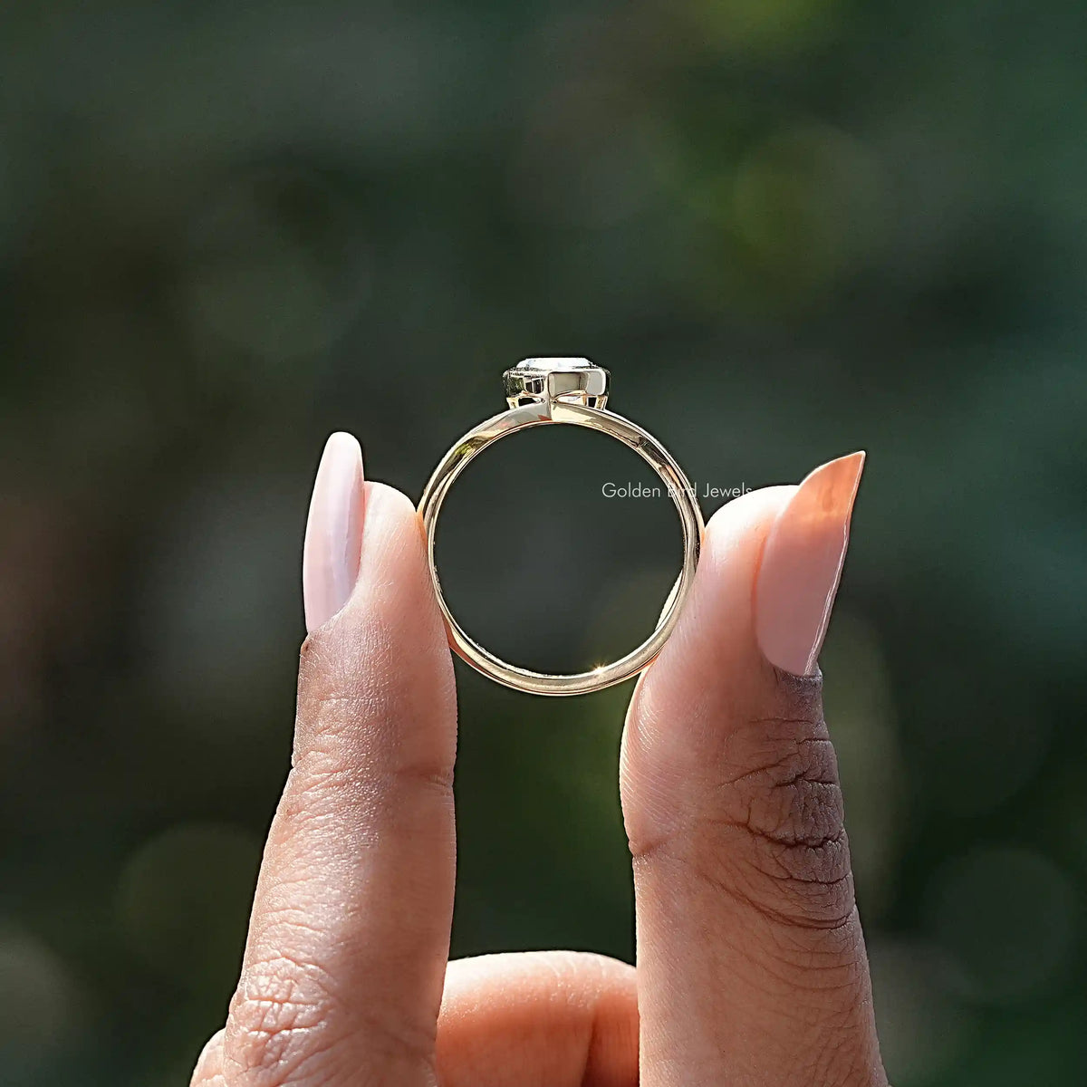 Back View of Marquise Cut Split Shank ring In two fingers