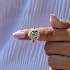 In finger front View of Mazarin Cut Double Halo Engagement Ring