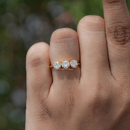 In finger view of European Cut Moissanite Solitaire Ring