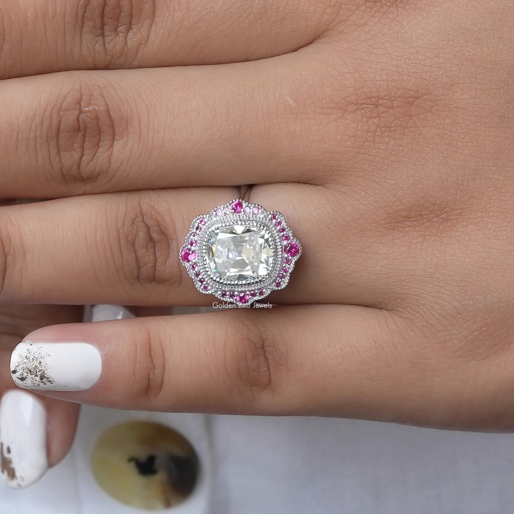 [Cushion Cut Old Mine Halo Ring]-[Golden Bird Jewels]