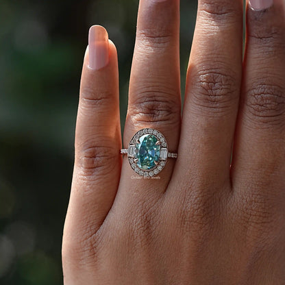 View of Oval Cut Halo Moissanite Ring In finger