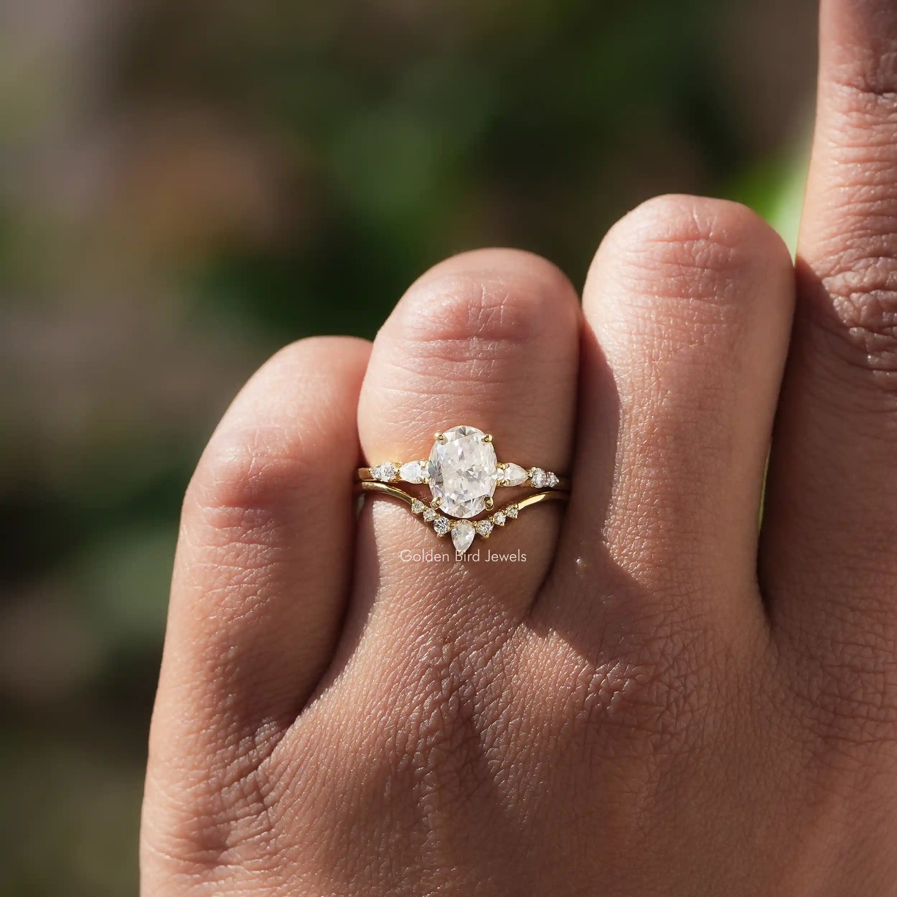 [Oval And Pear Cut Moissanite Ring Set]-[Golden Bird Jewels]