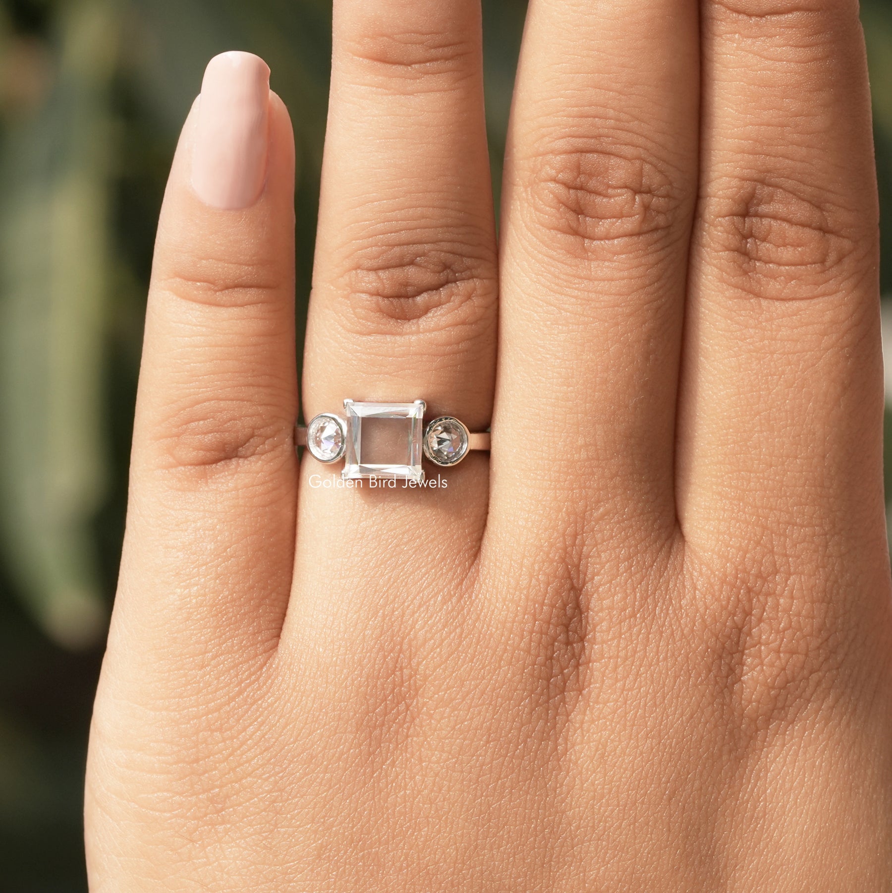 Detailed View Of Princess 3 Stone Ring With Rose Cut Round Stones In White Gold