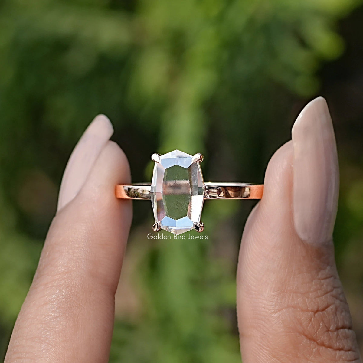 Portrait Cut Hexagon Moissanite Ring In Yellow Gold