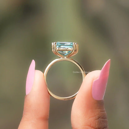 Back View of Radiant Cut Solitaire Ring In two fingers