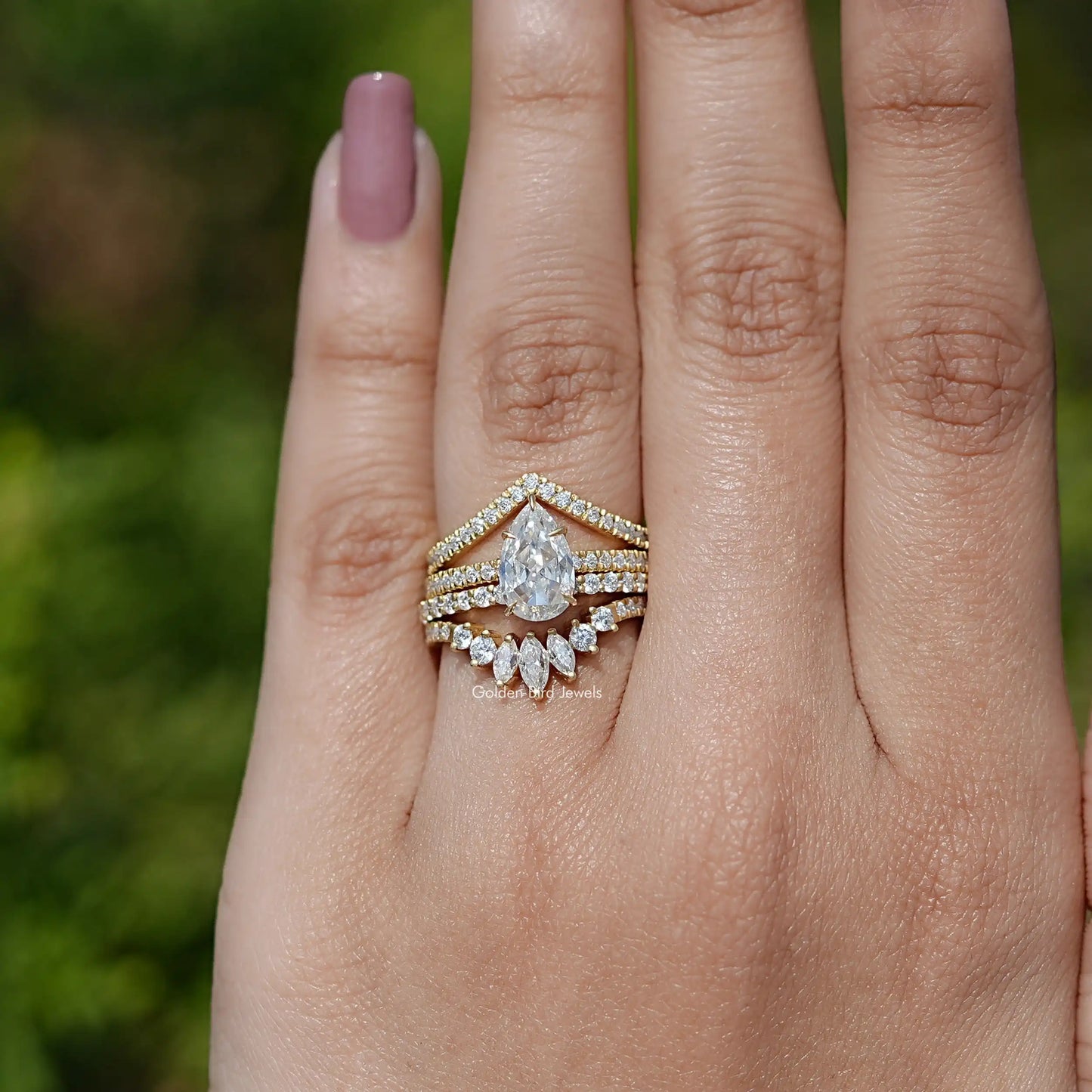 Detailed View Of Rose Cut Pear Moissanite Bridal Ring Set In Yellow Gold 