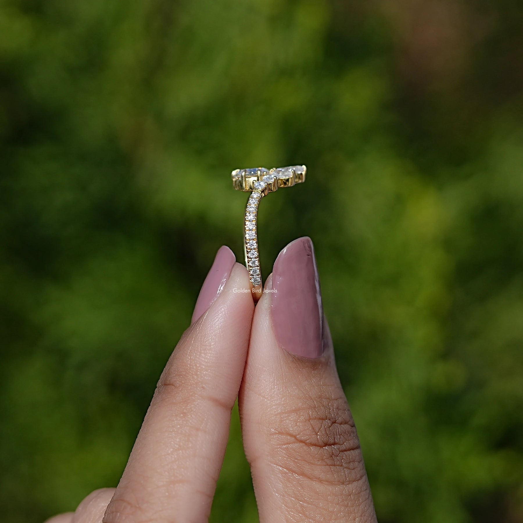 Side View of Rose Cut Round Curved Engagement Ring In finger