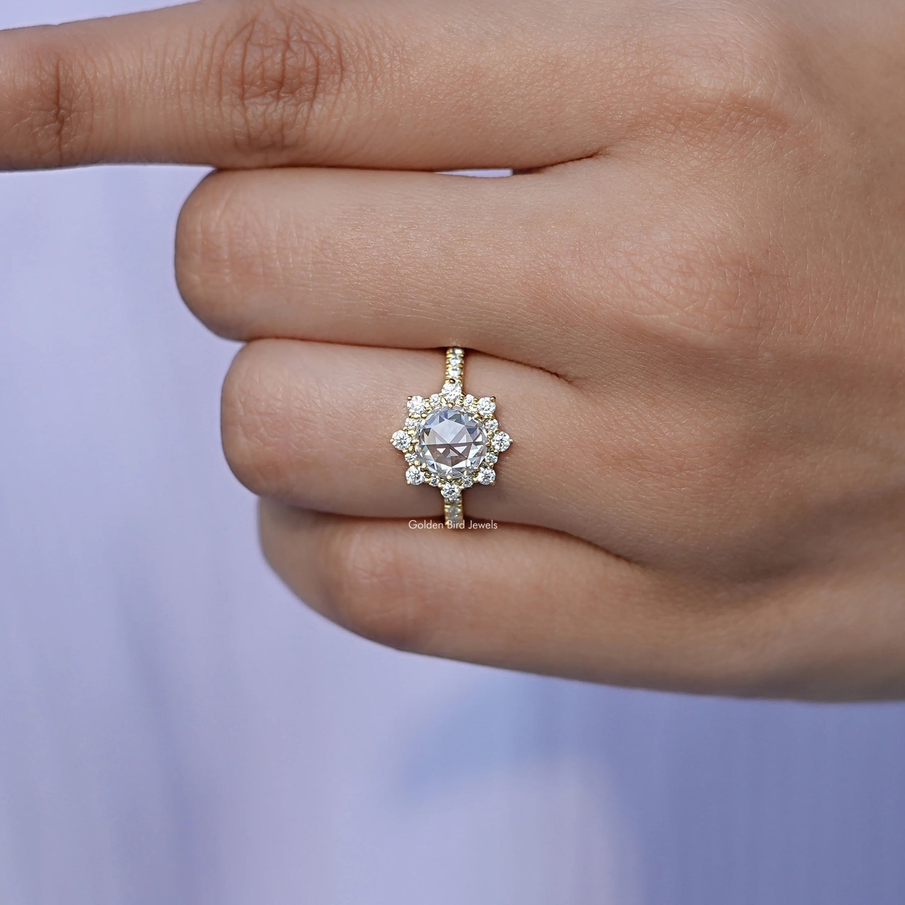 Detailed View Of Rose Cut Round Halo Moissanite Ring In Yellow Gold