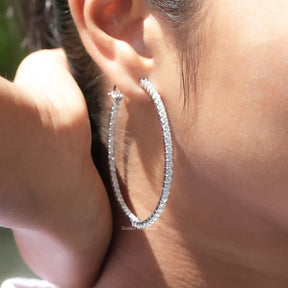 [White Gold Round Cut Hoop Earrings]-[Golden Bird Jewels]