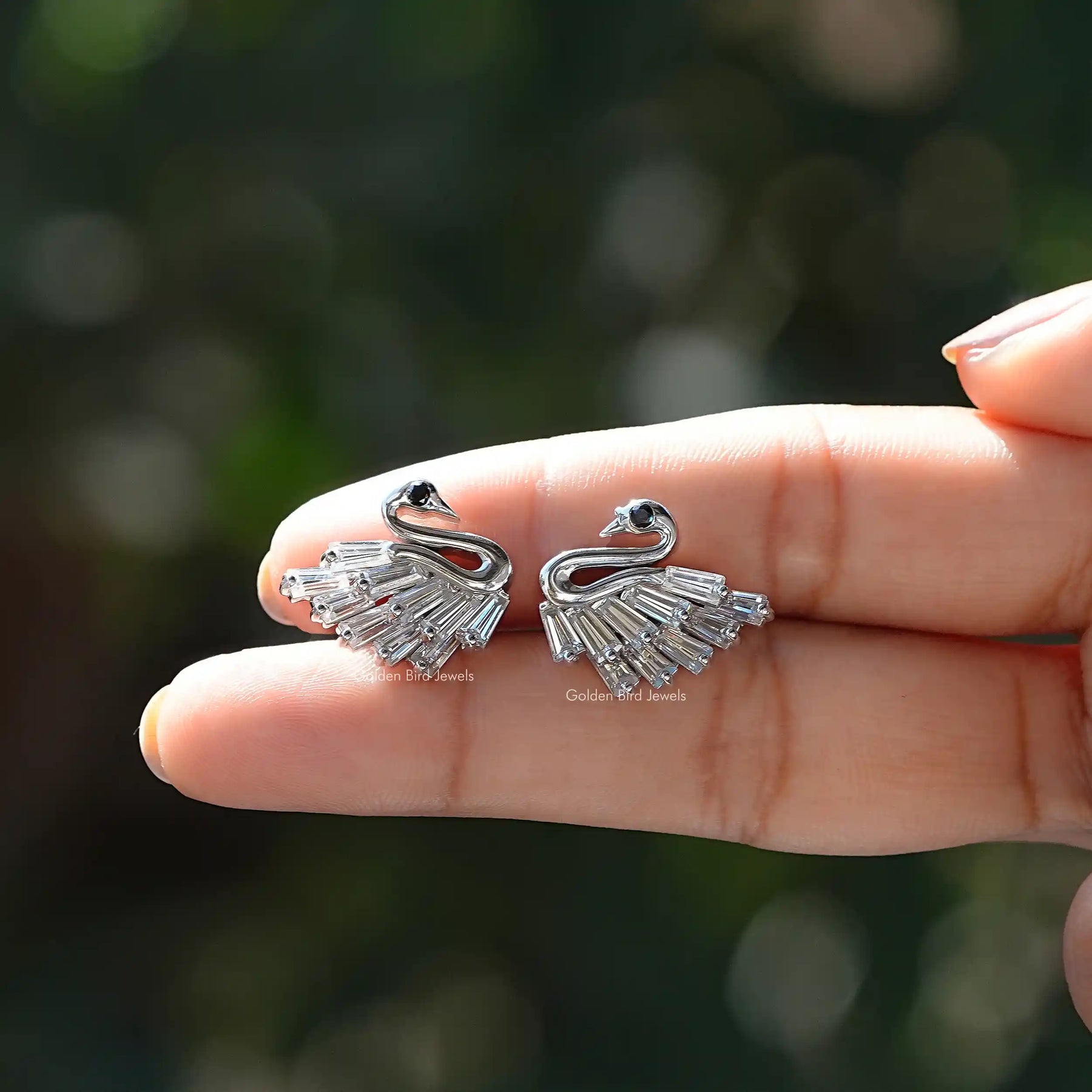 [Black Round Moissanite Swan Earrings]-[Golden Bird Jewels]