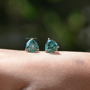 [Dark Green Trillion Moissanite Stud Earrings In White Gold]-[Golden Bird Jewels]