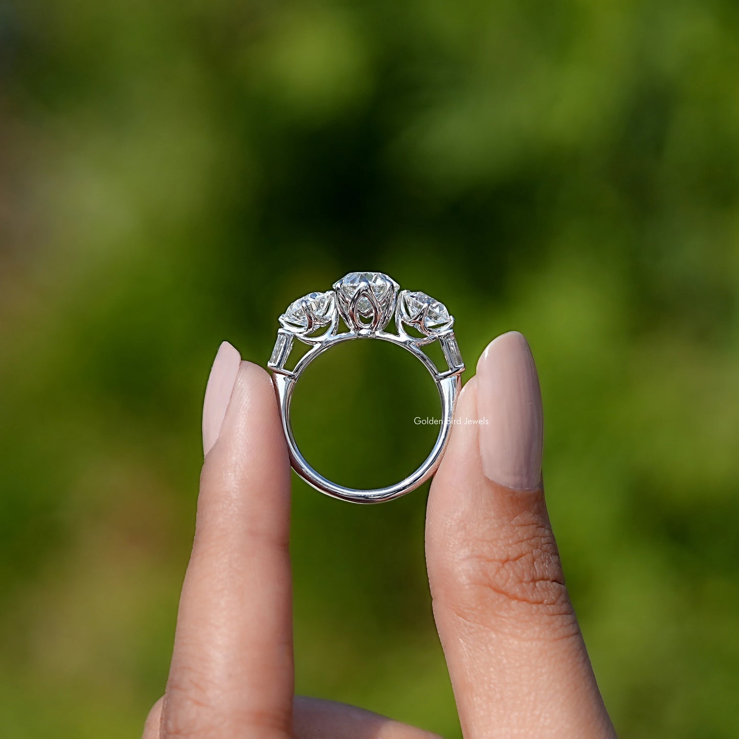 Back View of Round And Tapered Baguette Cut Five Stone Engagement Ring In two fingers