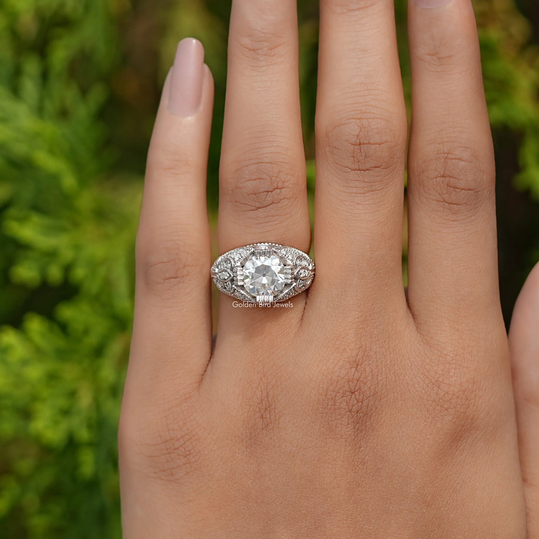 OEC Round Cut Moissanite Art Deco Ring