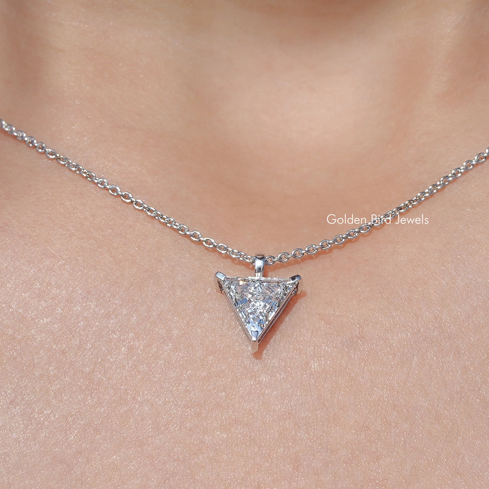 Close Up View of Triangle Cut Lab Diamond Solitaire Necklace