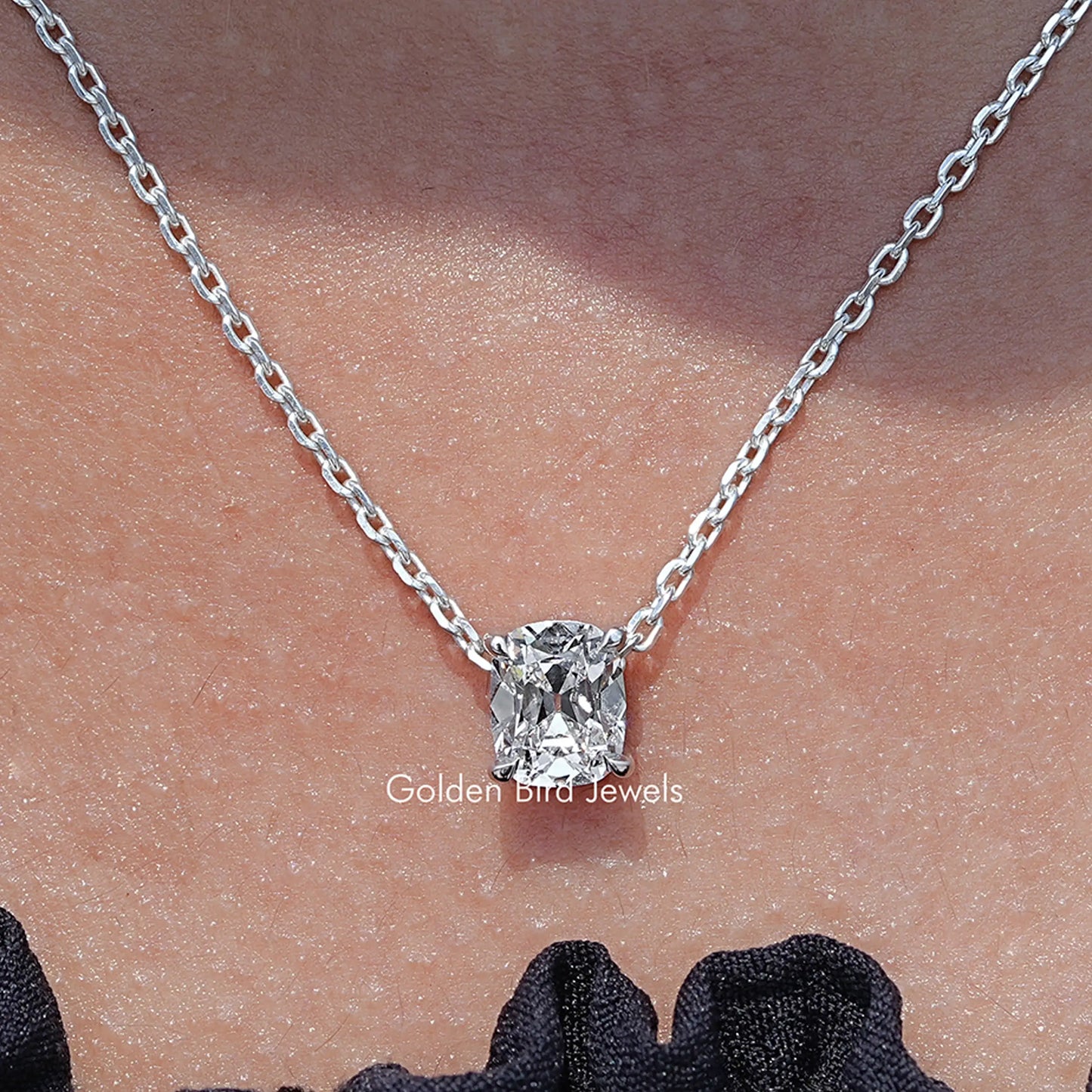 Close Up View of Old Mine Cushion Diamond Solitaire Pendant