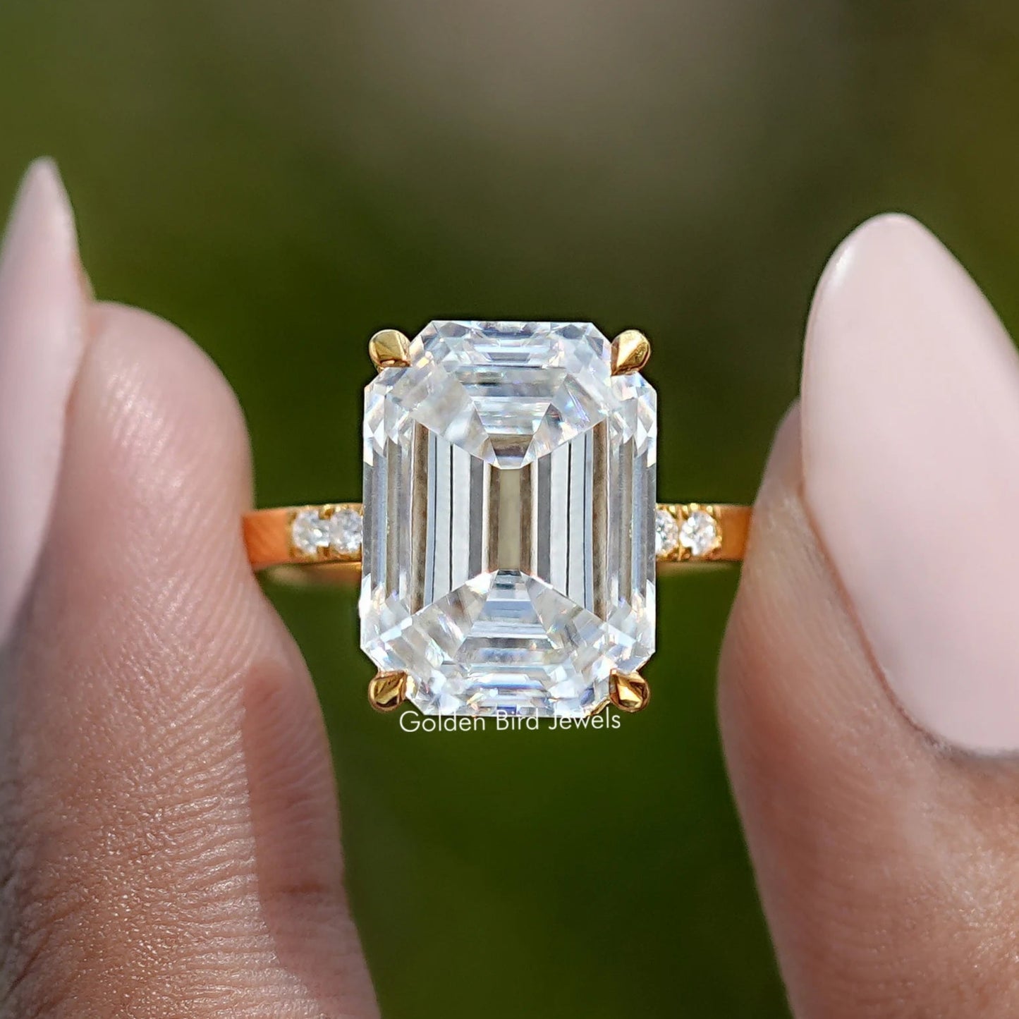Front View of Off White Old Mine Emerald Moissanite Engagement Ring