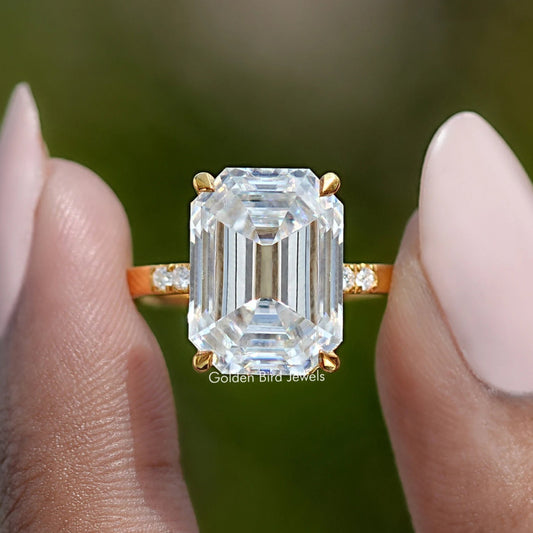 Front View of Off White Old Mine Emerald Moissanite Engagement Ring