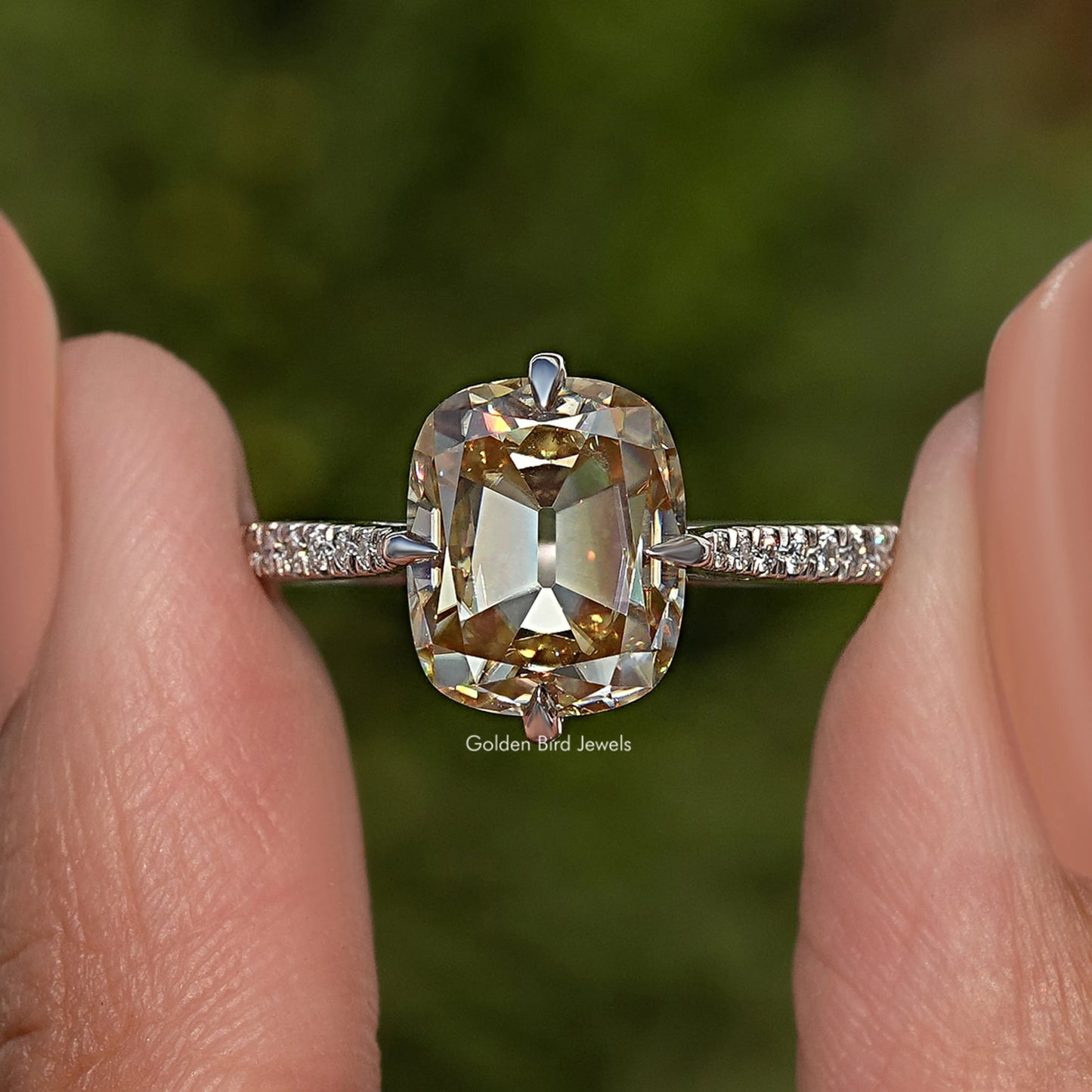 Old Mine Cushion Cut Moissanite Accent Stone Ring