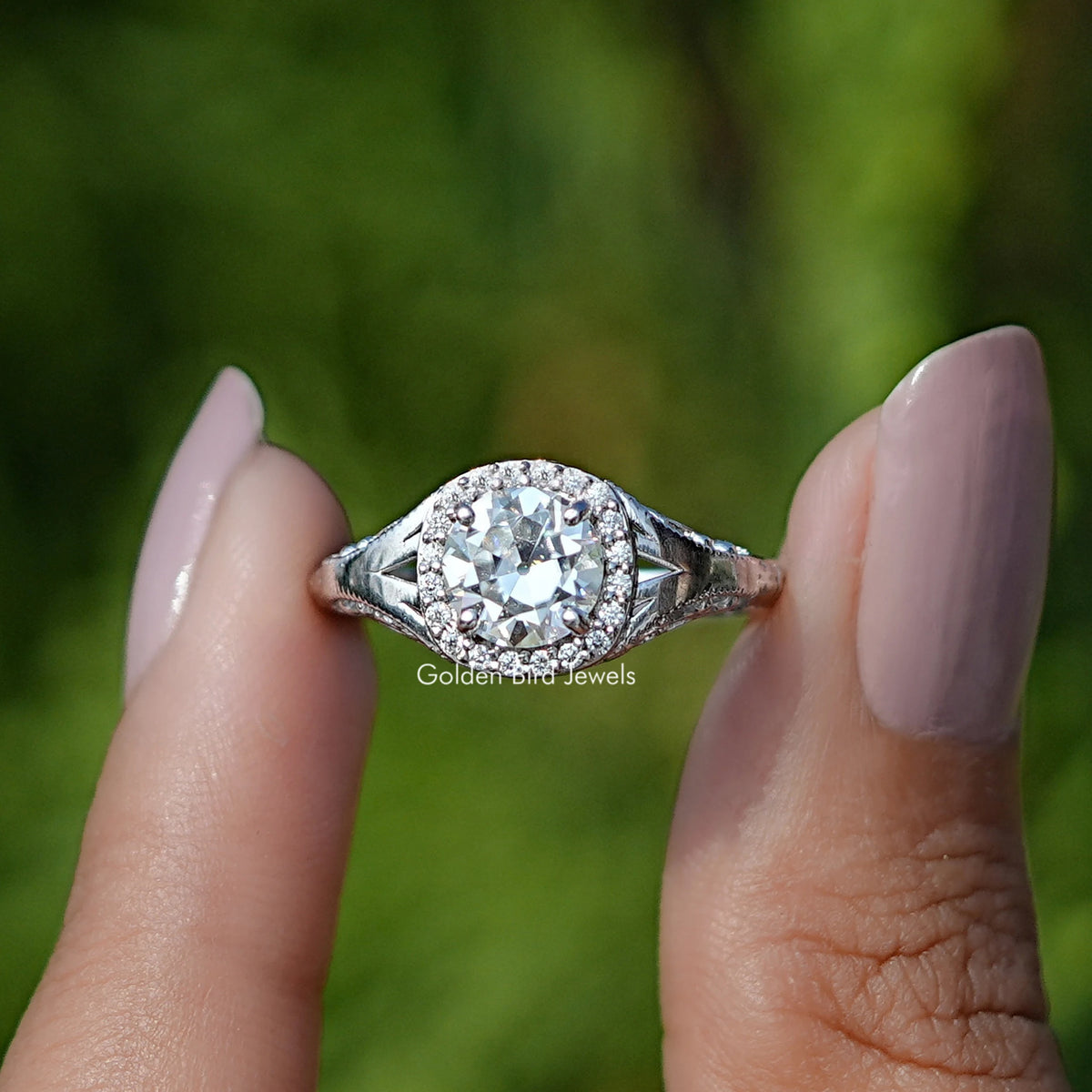 Old Cut European Round Moissanite Halo Ring