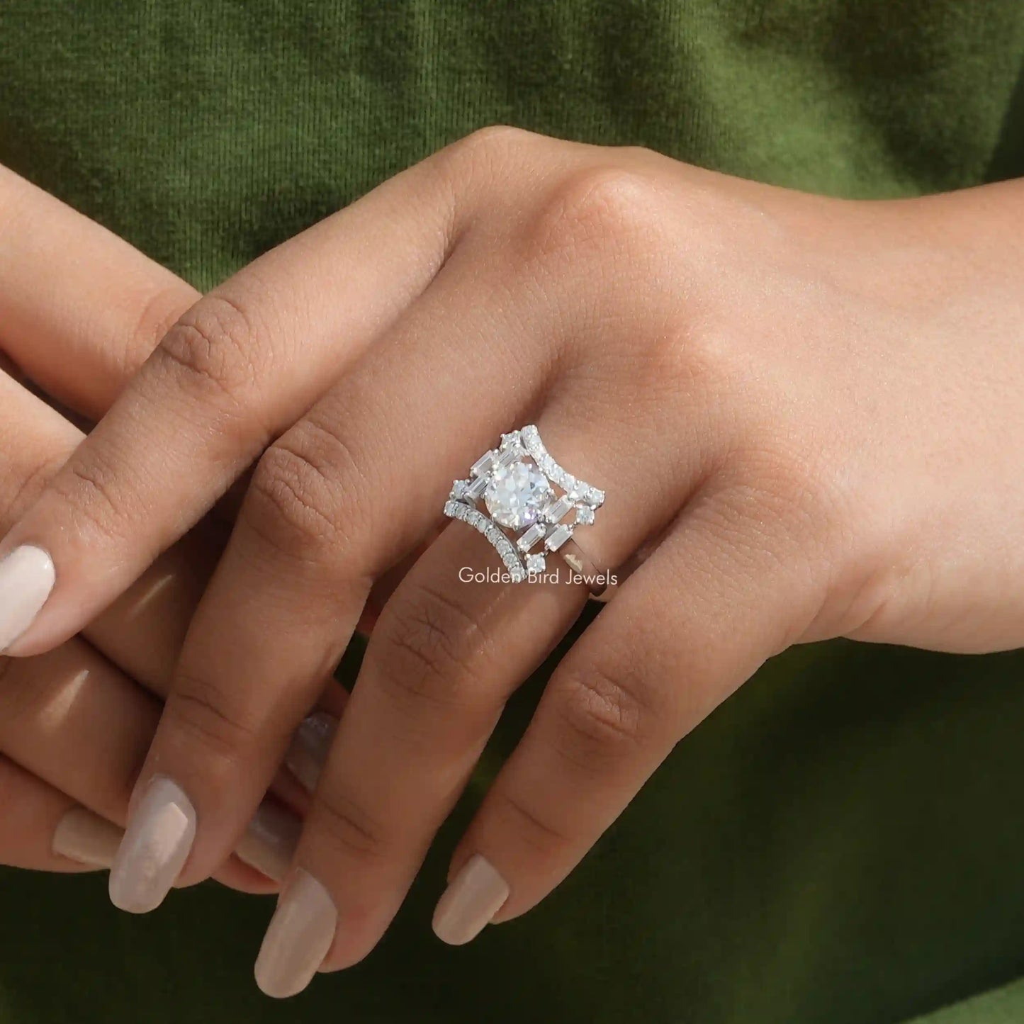 Detailed View Of Old European Round And Baguette Cut Moissanite Ring In White Gold