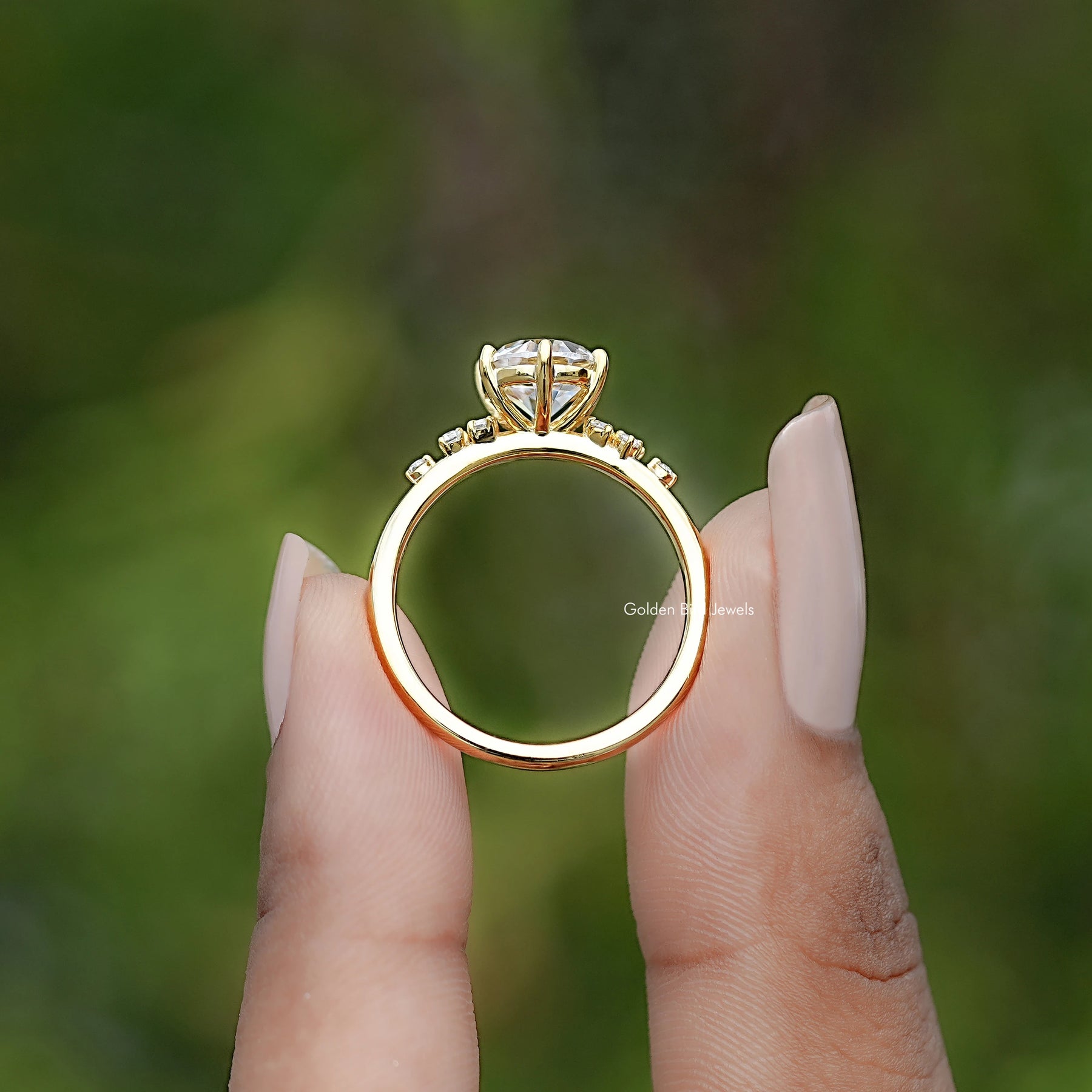 Back view of Old European Round Moissanite Solitaire Ring in secure setting 