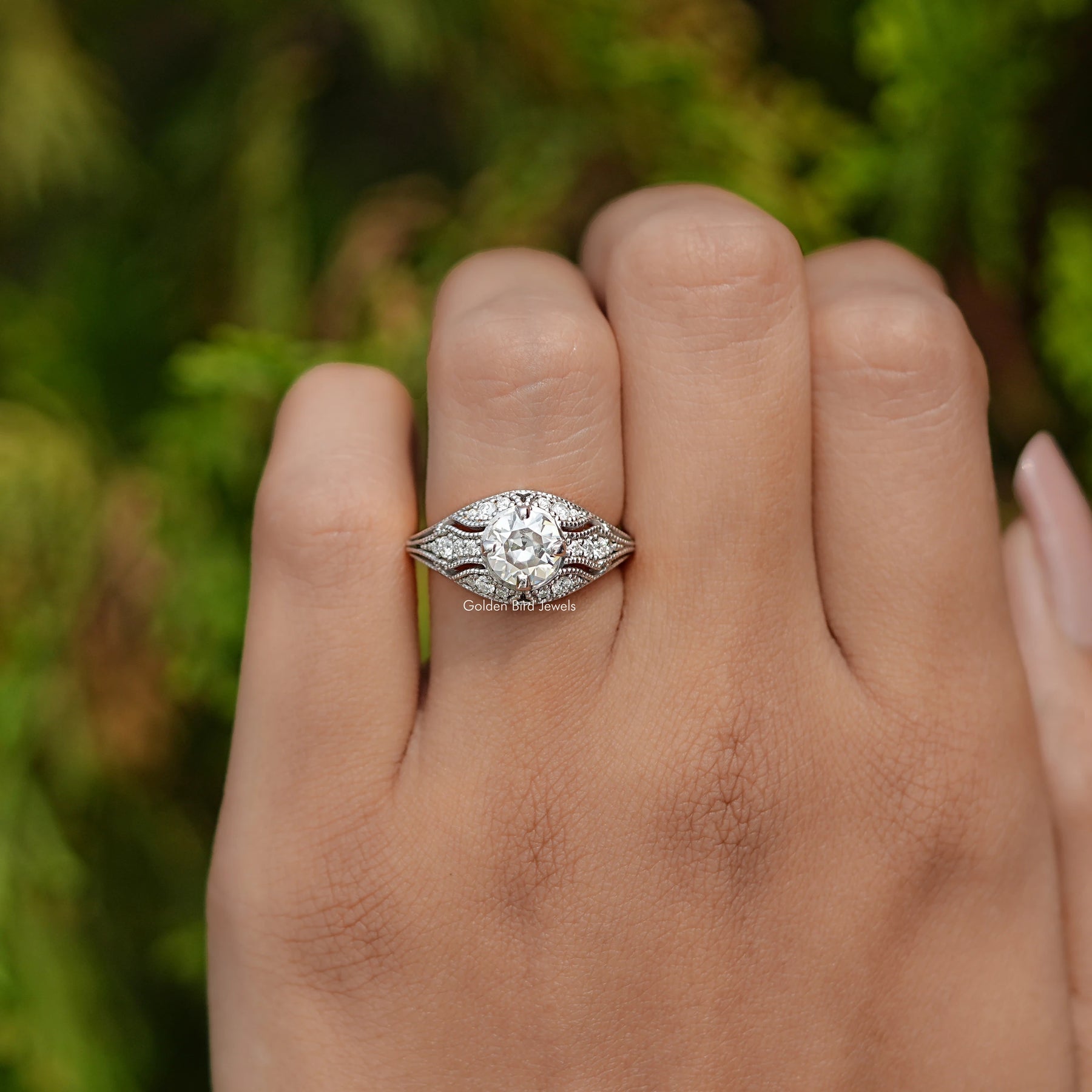 OEC Round Moissanite Art Deco Engagement Ring