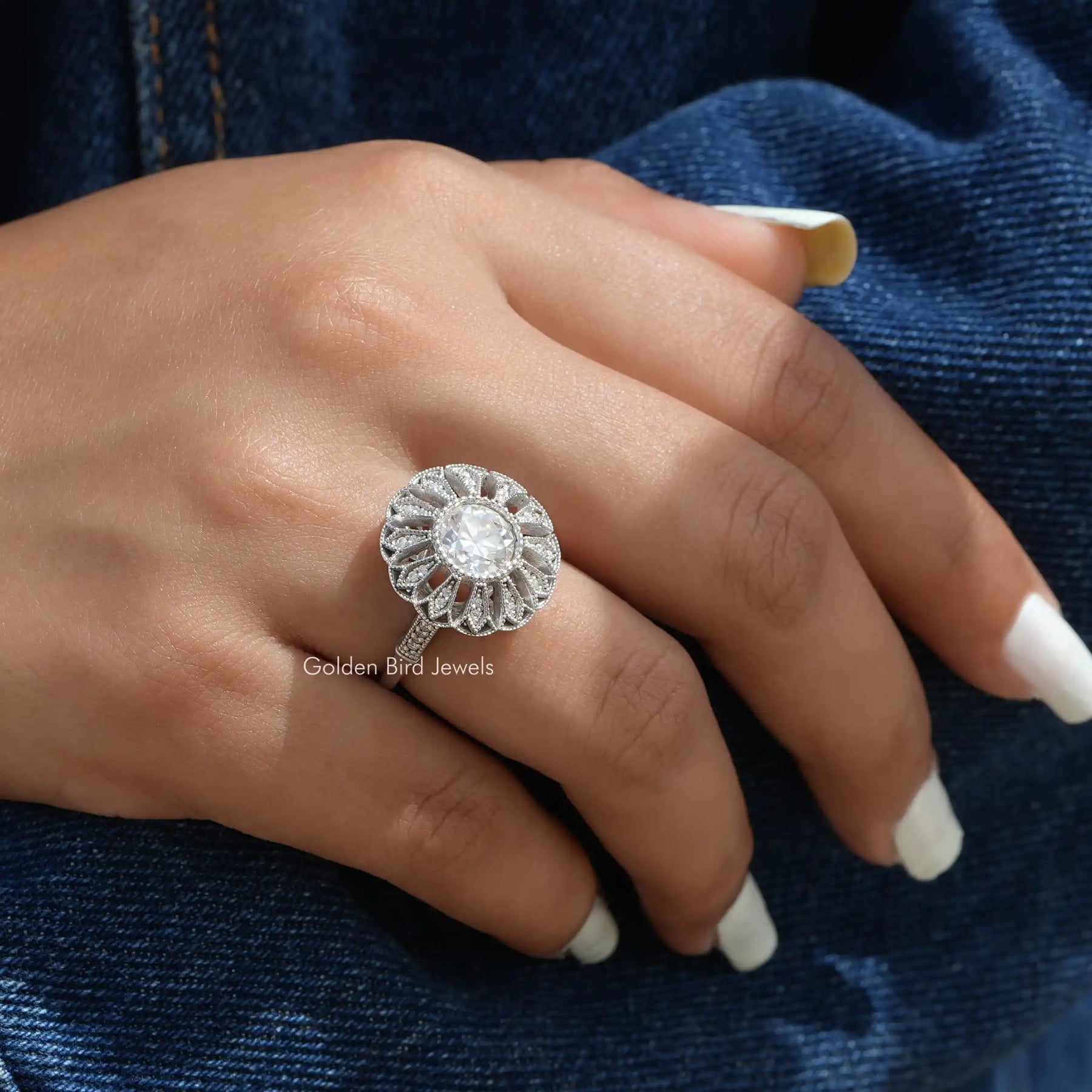 [OEC Round Cut Vintage Style  Moissanite Ring In 14K White Gold]-[Golden Bird Jewels]