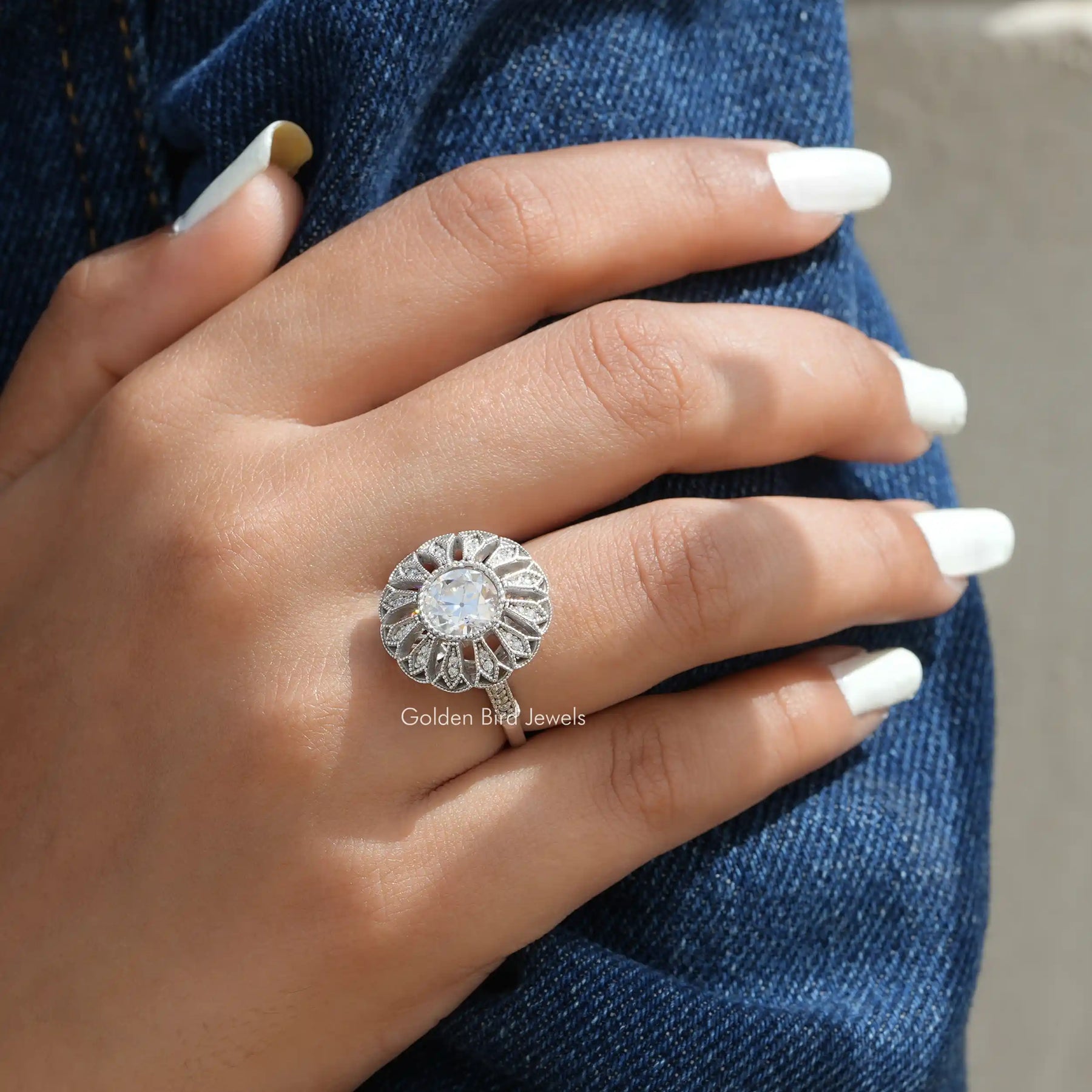 [White Gold OEC Round Cut Floral Style Vintage Ring]-[Golden Bird Jewels]