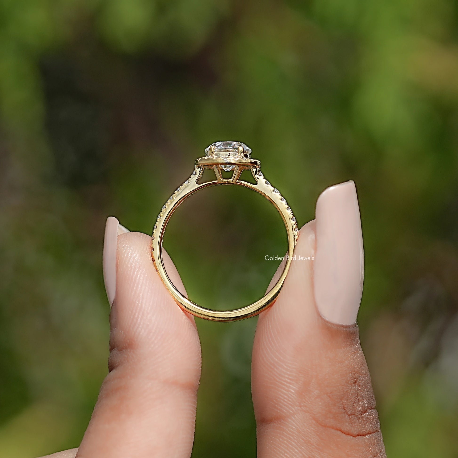 Back view of Old European Round Moissanite Solitaire Ring in secure setting