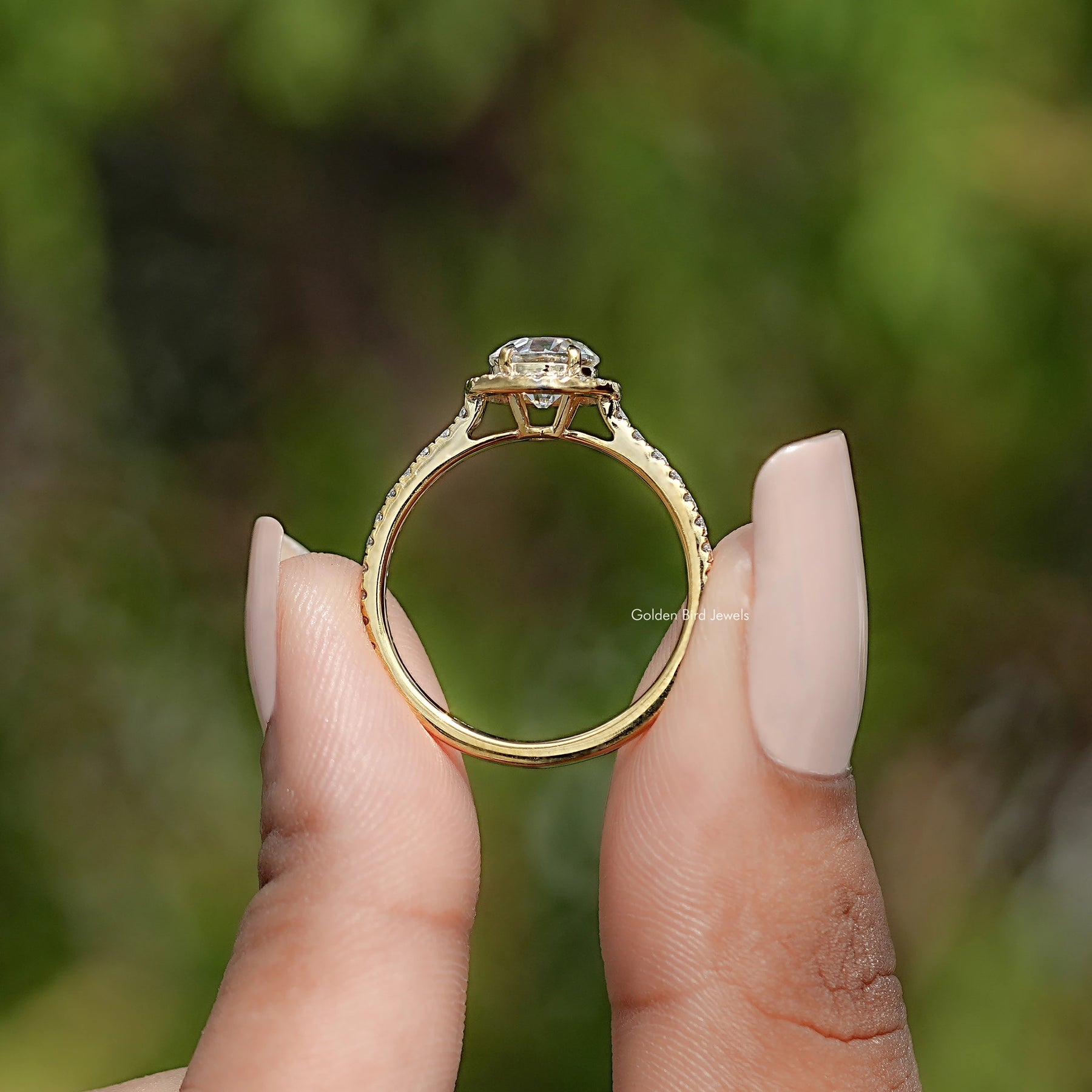 Back view of Old European Round Moissanite Solitaire Ring in secure setting