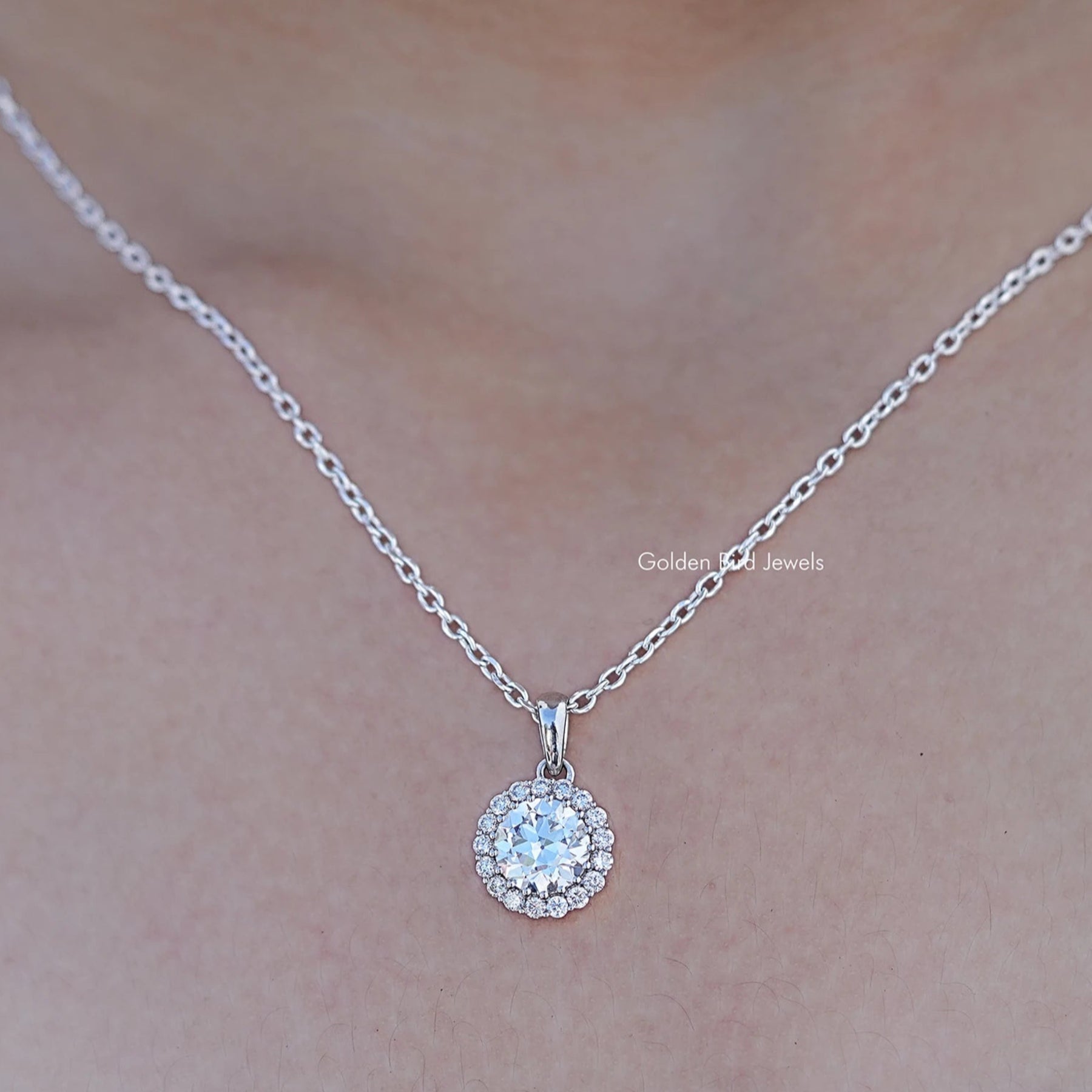 Close up view of Old European Round Lab Diamond Halo Pendant