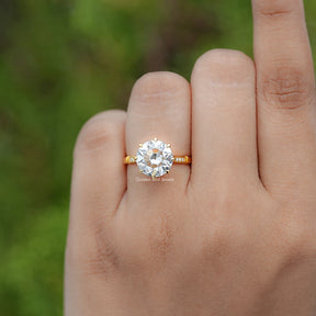 In finger view of Round Cut Solitaire Engagement Ring 
