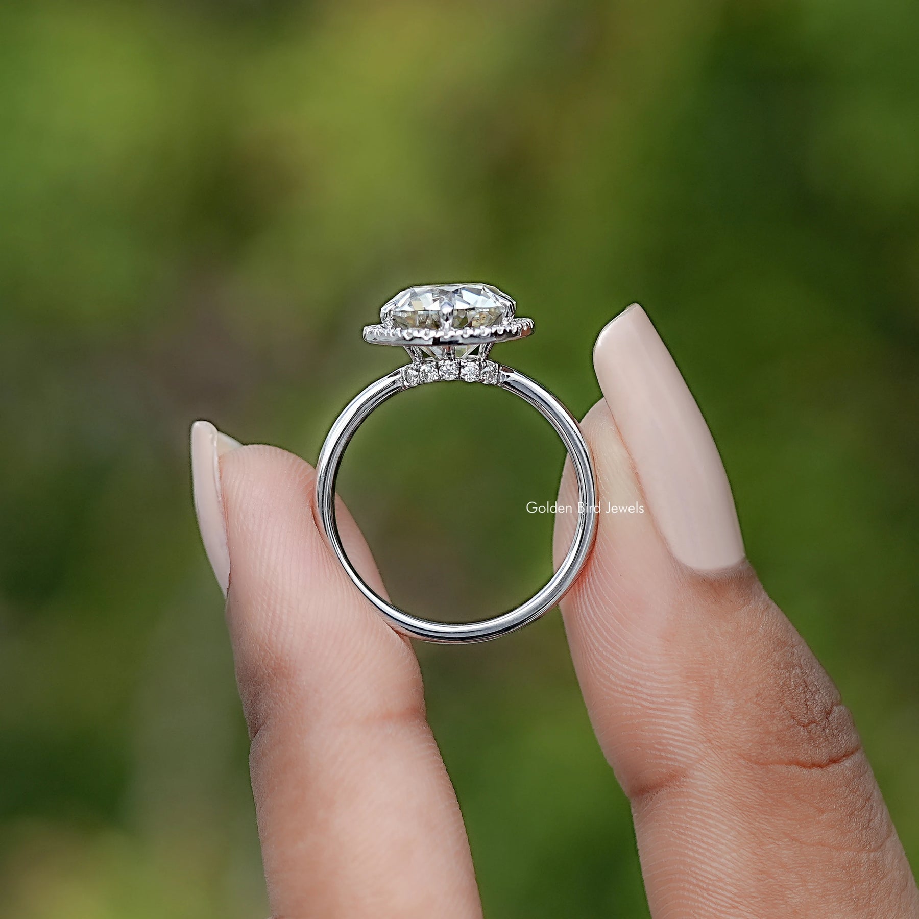 Back view of Old European Round Moissanite Solitaire Ring in secure setting