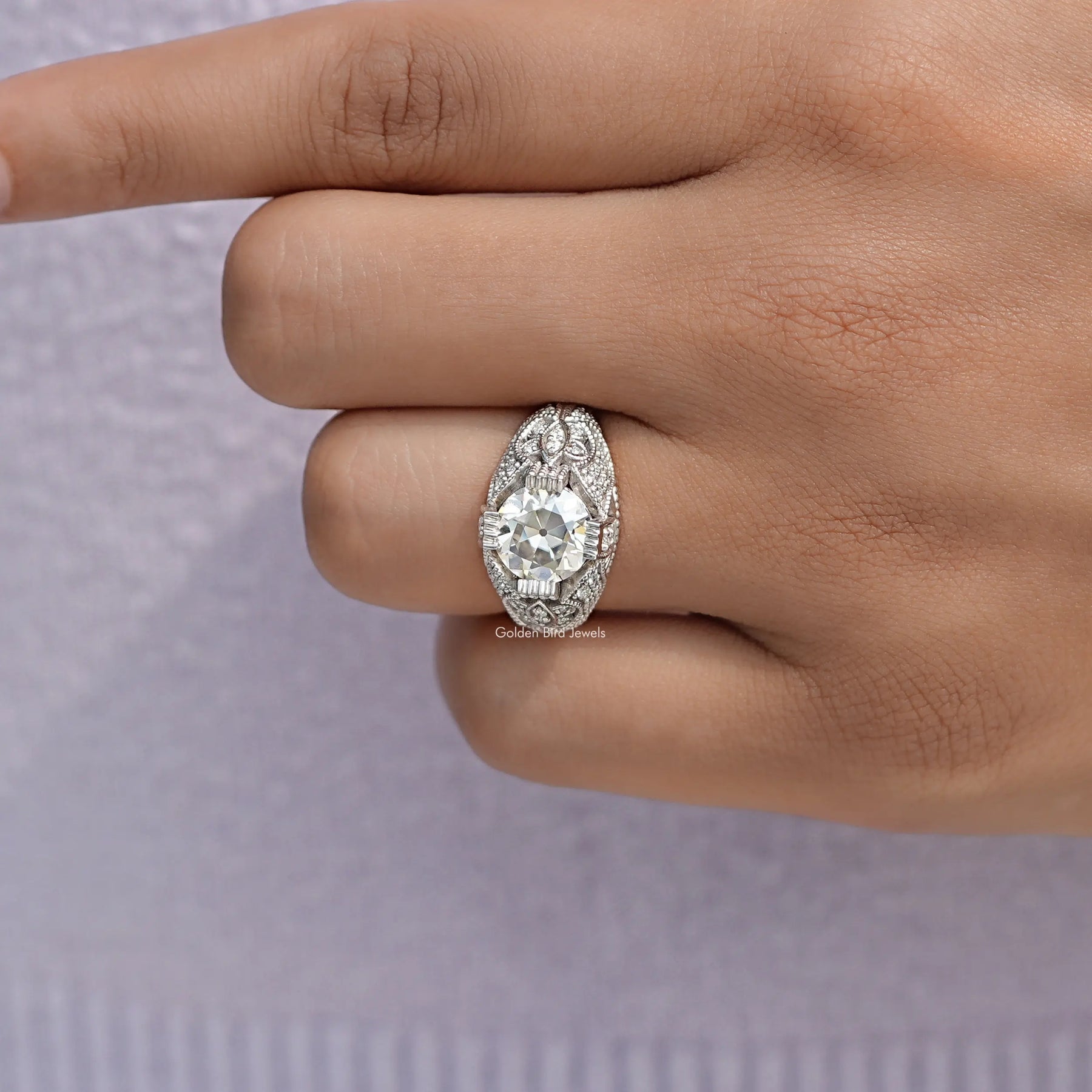 OEC Round Cut Moissanite Art Deco Ring