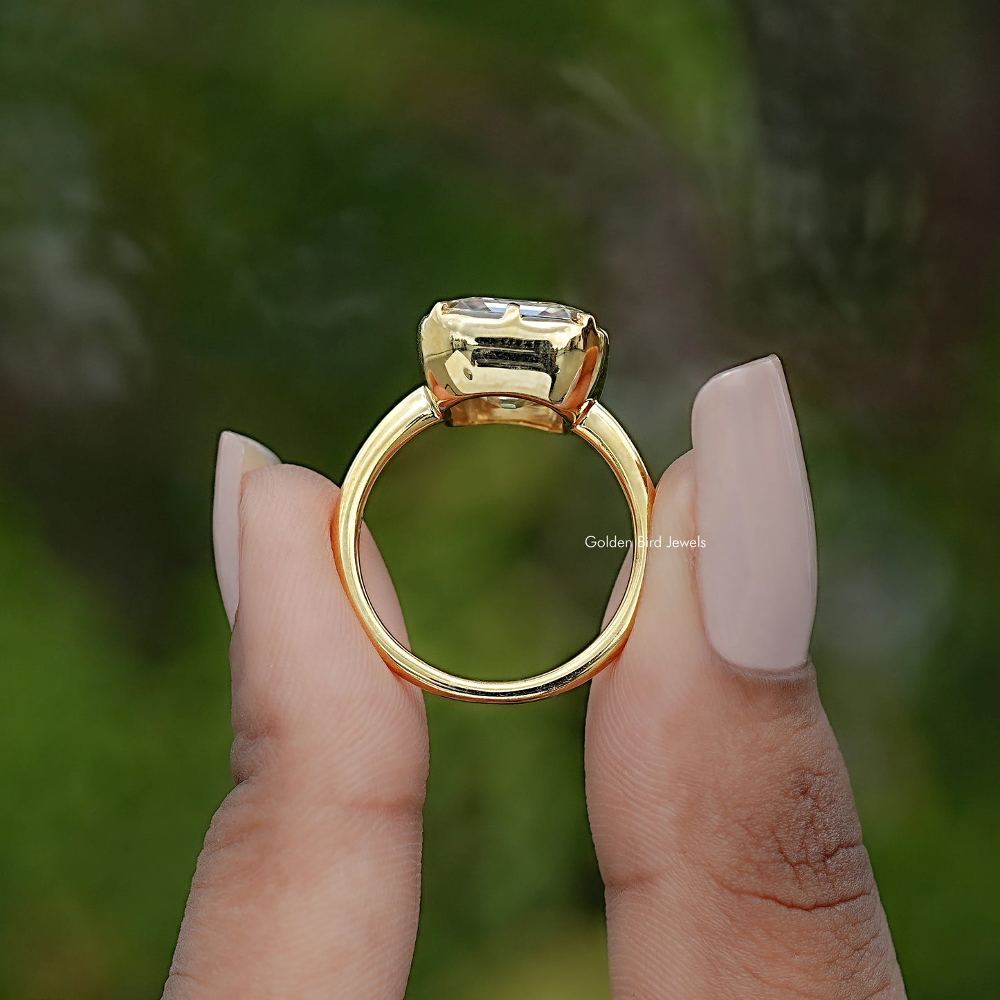 Back view of Old Mine Asscher Moissanite Solitaire Ring in secure setting