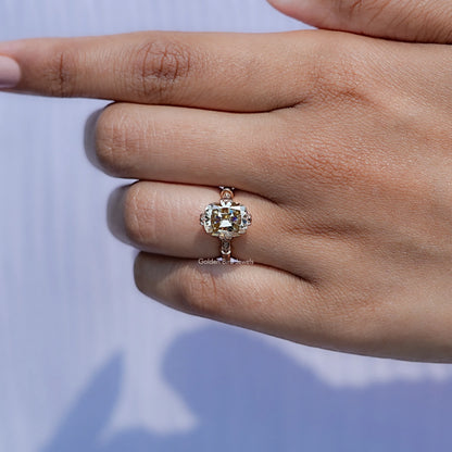 View of solitaire Cushion Cut Moissanite ring in prongs setting 