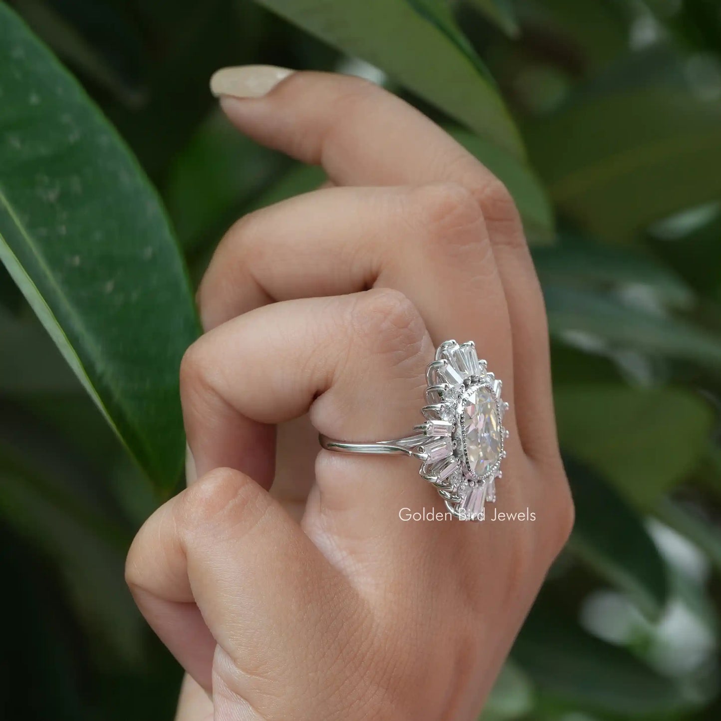 Close-Up View of Old Mine Cushion Cut Halo Engagement Ring In White Gold