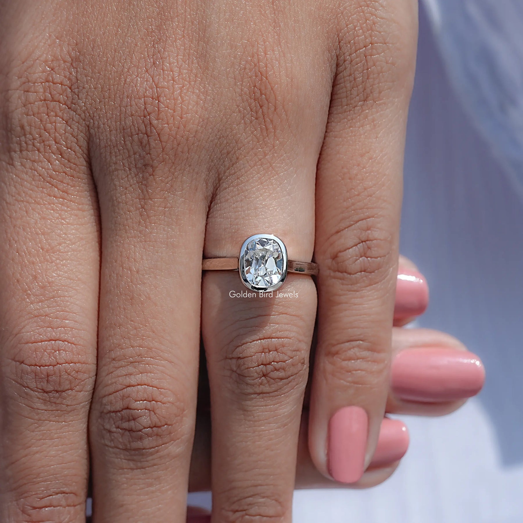 Detailed View Of Old Mine Cushion Lab Diamond Ring