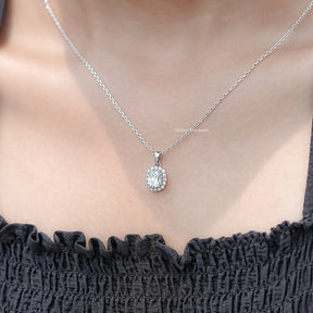 In Neck View of Cushion Cut Lab Diamond Old Mine Halo Pendant