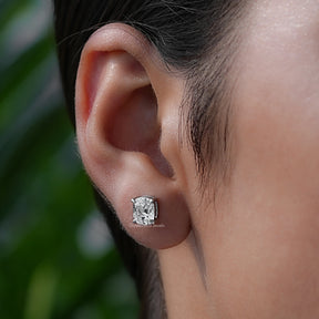 [White Gold Old Mine Cushion Cut Stud Earrings]-[Golden Bird Jewels]