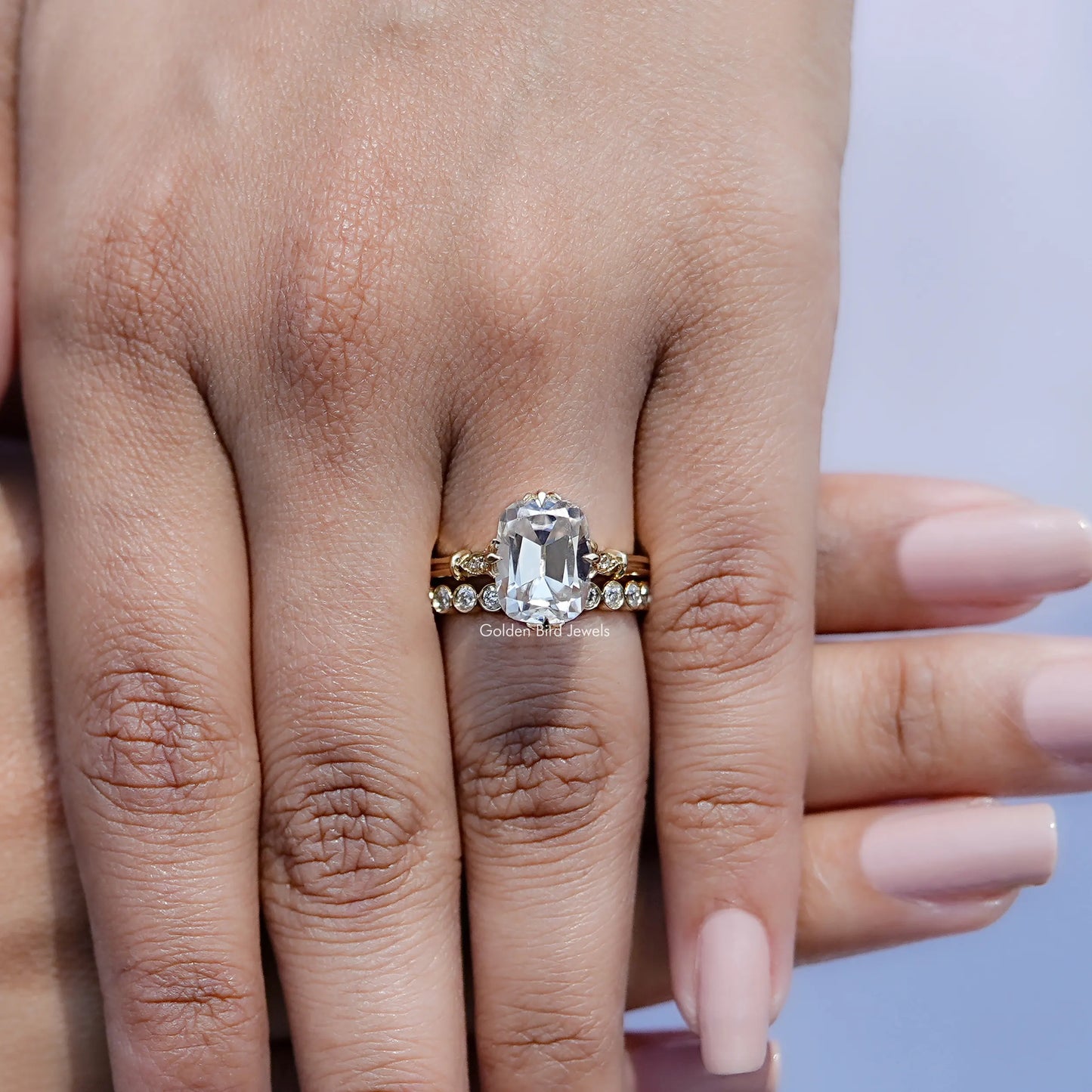 Close view of Old Mine Cushion Moissanite Solitaire Ring
