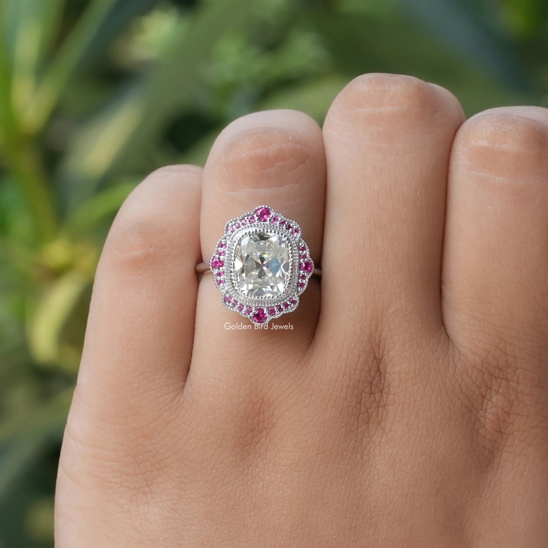 [Old Mine Cushion With Red Round Cut Moissanite Ring]-[Golden Bird Jewels]