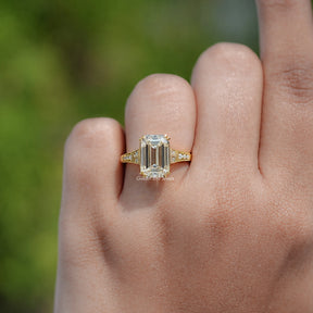 Top View Of Old Mine Emerald Cut Moissanite Accent Stone Ring
